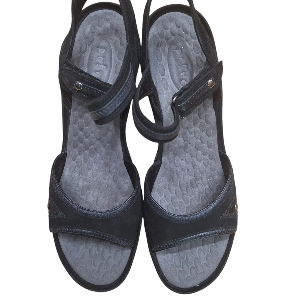 Privo by Clarks Black Wedge Heel Adjustable Strap Leather Sandals Women's sz9M